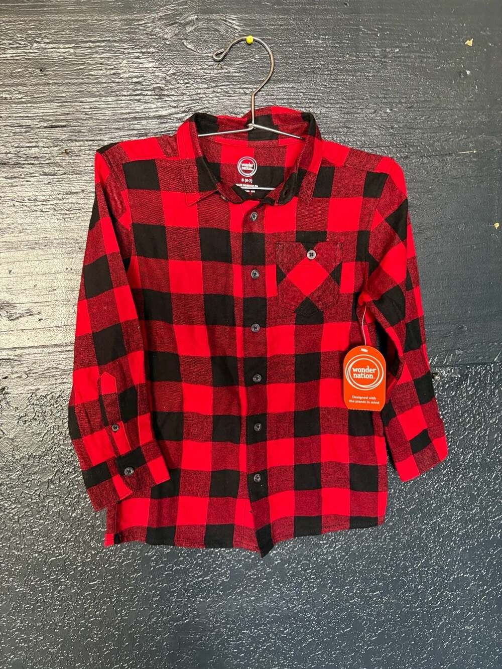 Wonder Nation Flannel Top Size S (6-7) Red Black Plaid Long Sleeve Shirt